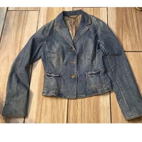 Elie Tahari Denim Jean Jacket M Floral Silk Lined Flip Cuff Buttons Boho Cotton - Picture 1 of 10